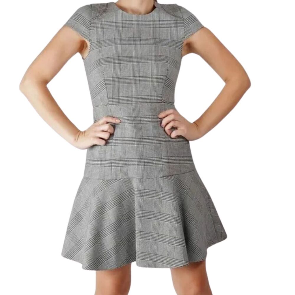 J. Crew Black Gray Glen Plaid Mini Dress Cap Sleeve Ruffle Drop Waist Size 0